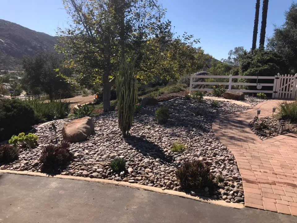 Phase 4 completed rustic flagstone garden pathway with drought-tolerant landscape in Alpine CA